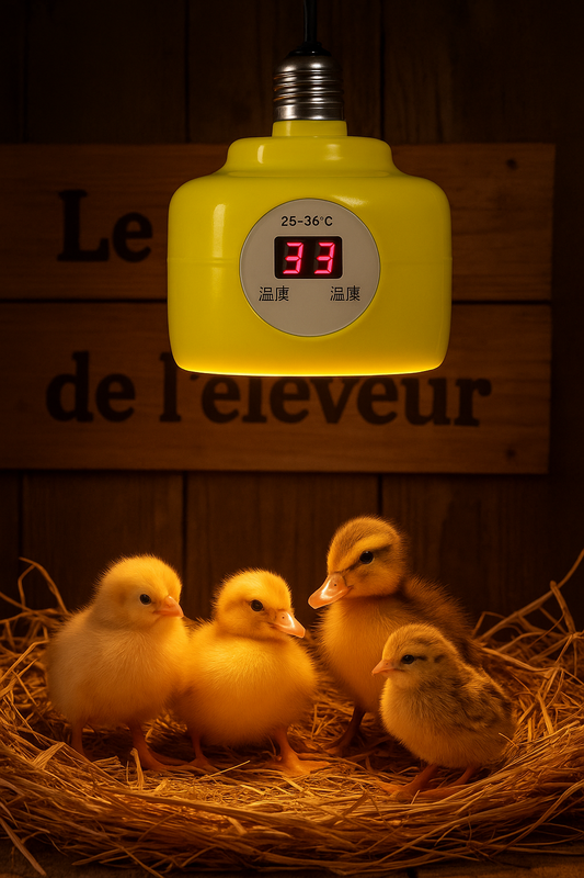 Lampe chauffante intelligente pour élevage de volaille.